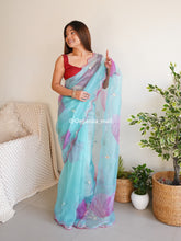 Vachi elegant Floral Printed Cutwork Pure Organza Blue Saree